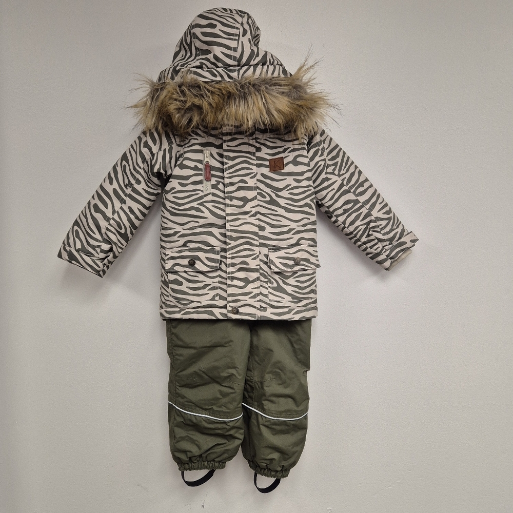Kuling Zebra Print Ski Coat & Olive Green Ski pants. Sz 86/2-3T